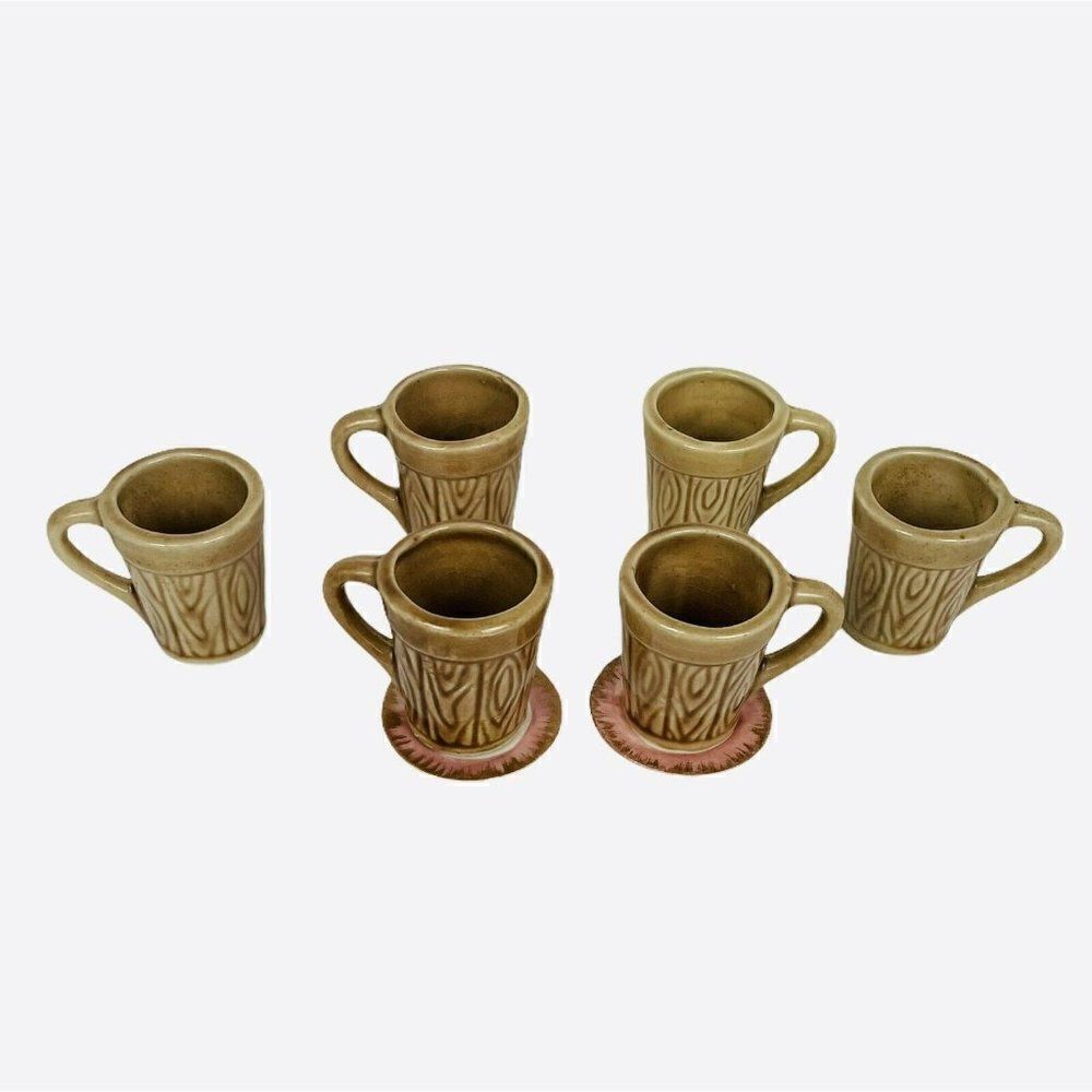 Vintage Ceramic Mini Barrel Mugs Set of 6 Shot Glasses 2 Saucers Marked FOREIGN